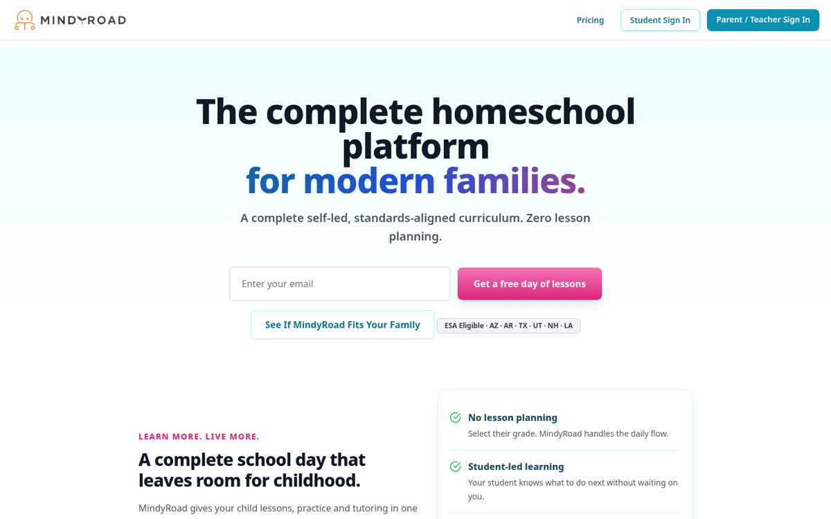Screenshot of the MindyRoad homepage